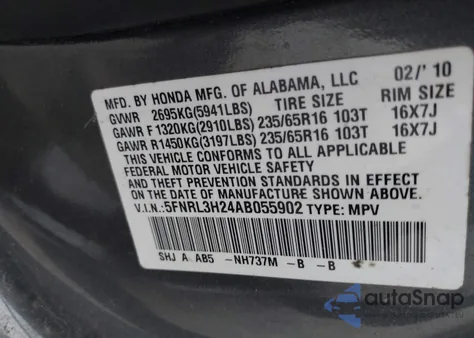 2010 Honda Odyssey Lx z USA, uszkodzony, nr VIN 5FNRL3H24AB055902